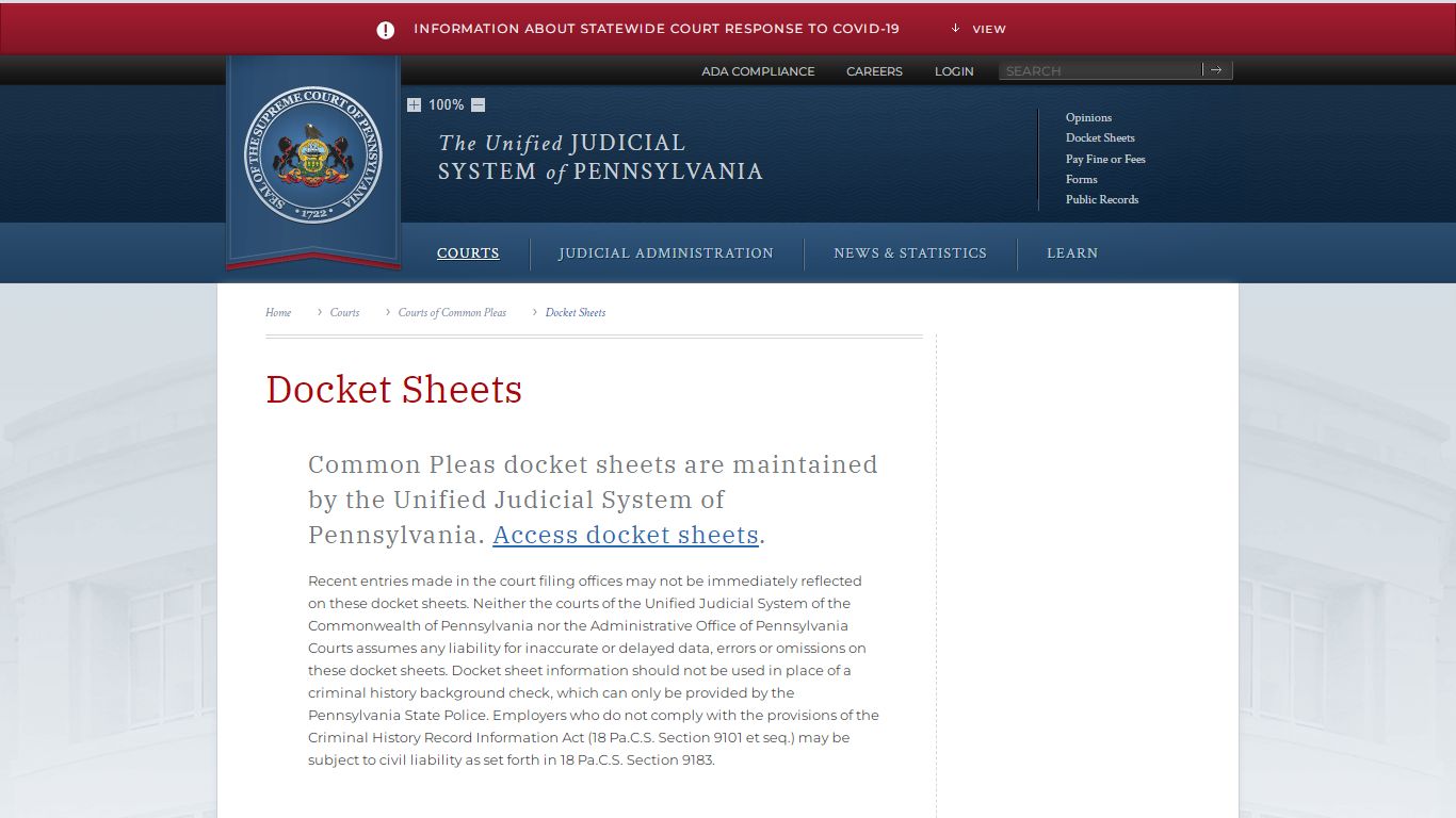Docket Sheets | Courts of Common Pleas | Courts - Judiciary of Pennsylvania